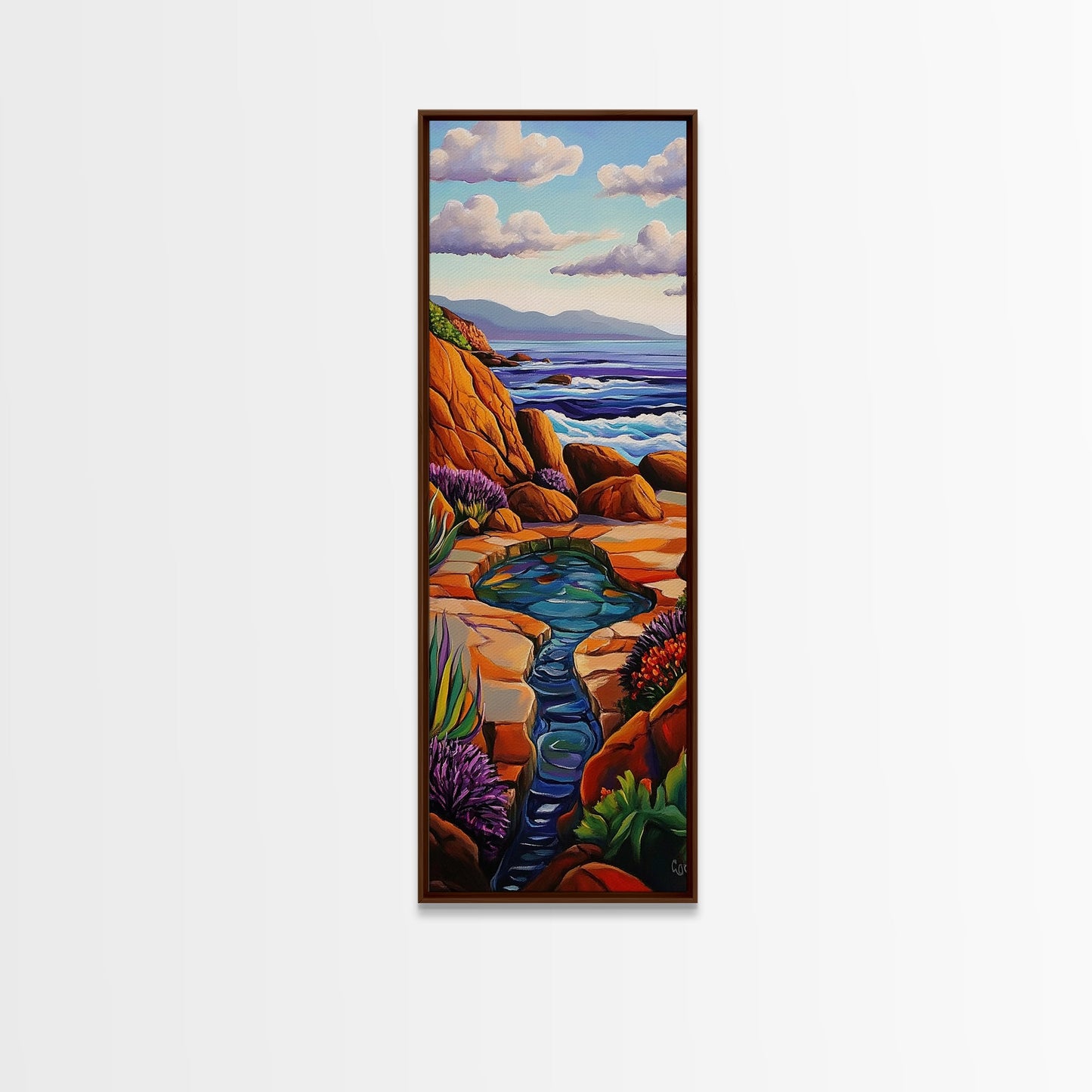 Waves Rocks, Ocean, Pastel, Framed Canvas Print, Crashing wave pastel seascape painting, calming ocean wall decor, coastal home design