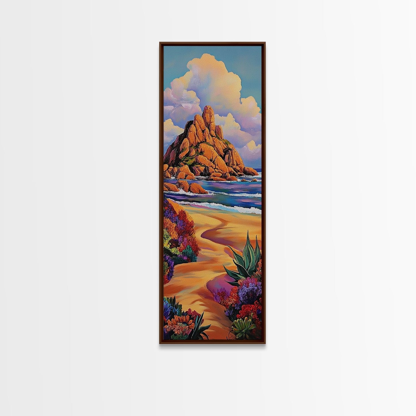Coastal Path, Mountain, Framed Canvas Print, Vibrant Beach Landscape Wall Art, Desert Coastal Decor, Colorful Nature Living Room Accent