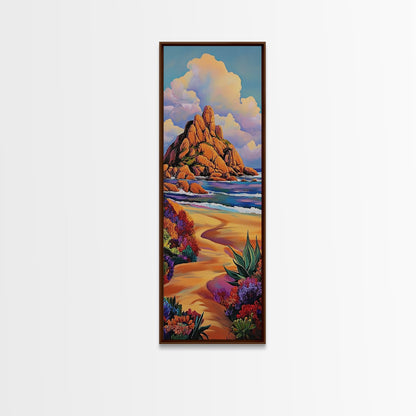 Coastal Path, Mountain, Framed Canvas Print, Vibrant Beach Landscape Wall Art, Desert Coastal Decor, Colorful Nature Living Room Accent