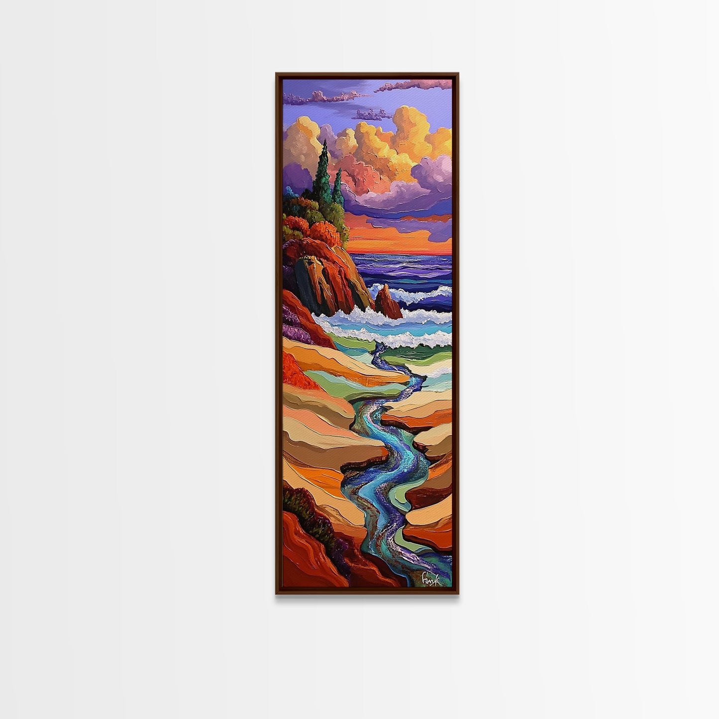 Sunset Coast, Stream Meets Ocean, Abstract Nature, Framed Canvas Print, Fall Wall Art, Colorful Beach Living Room Decor