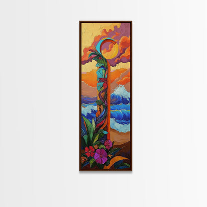 Sunset Waves, Flowers, Canvas Print, Tropical sunset beach painting with waves and floral details, boho decor, hallway wall art