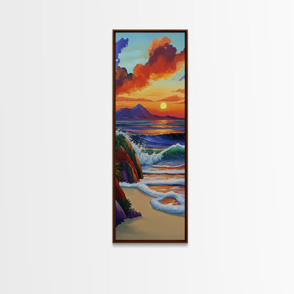 Sunset Waves, Shore, Coastal Framed Canvas Print beach sunset wall art, vibrant ocean wave decor, tropical boho art, iving room art