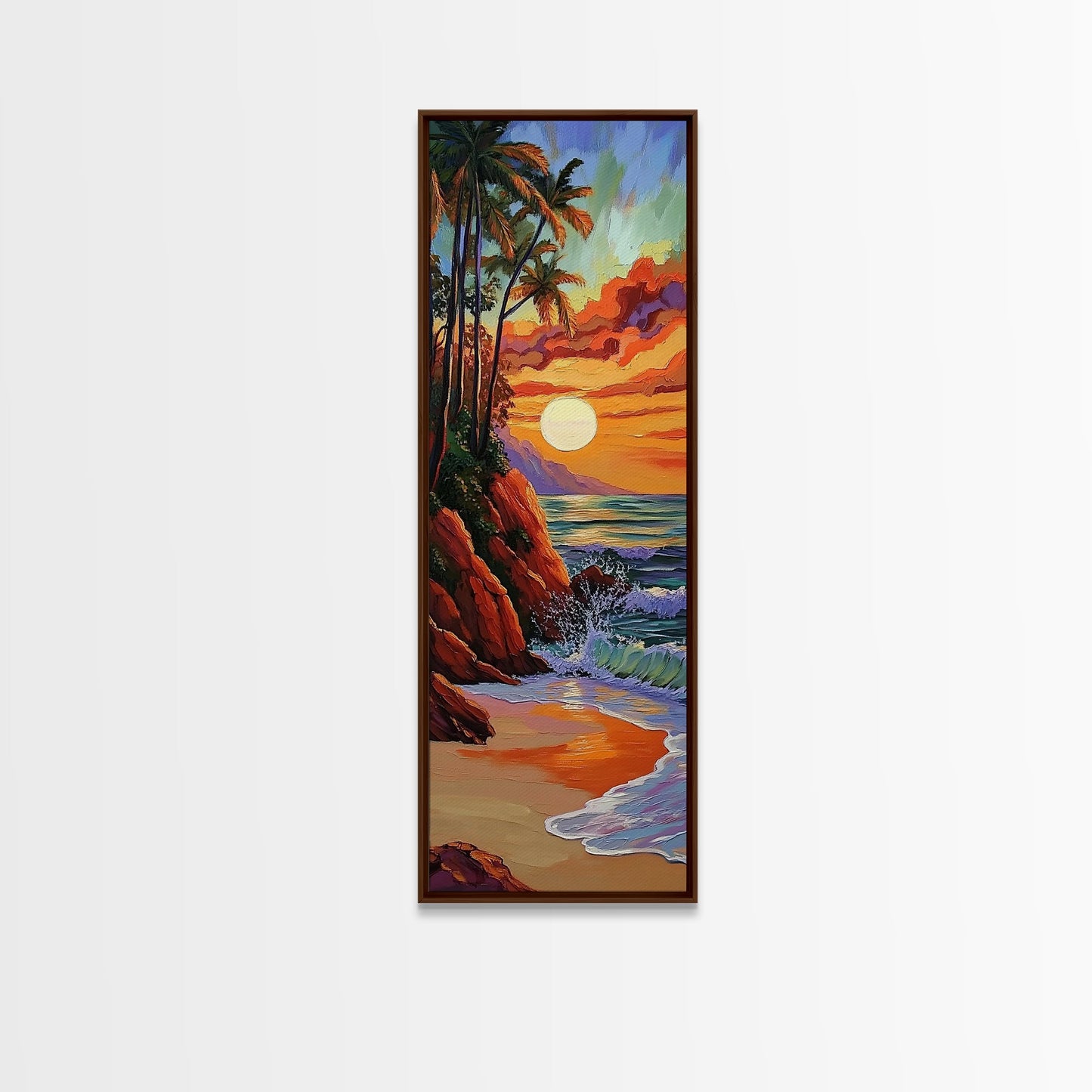 Tropical Sunset, Palms, Beach Framed Canvas Print vibrant tropical sunset scene, palm tree ocean art, vacation vibes, hallway wall print