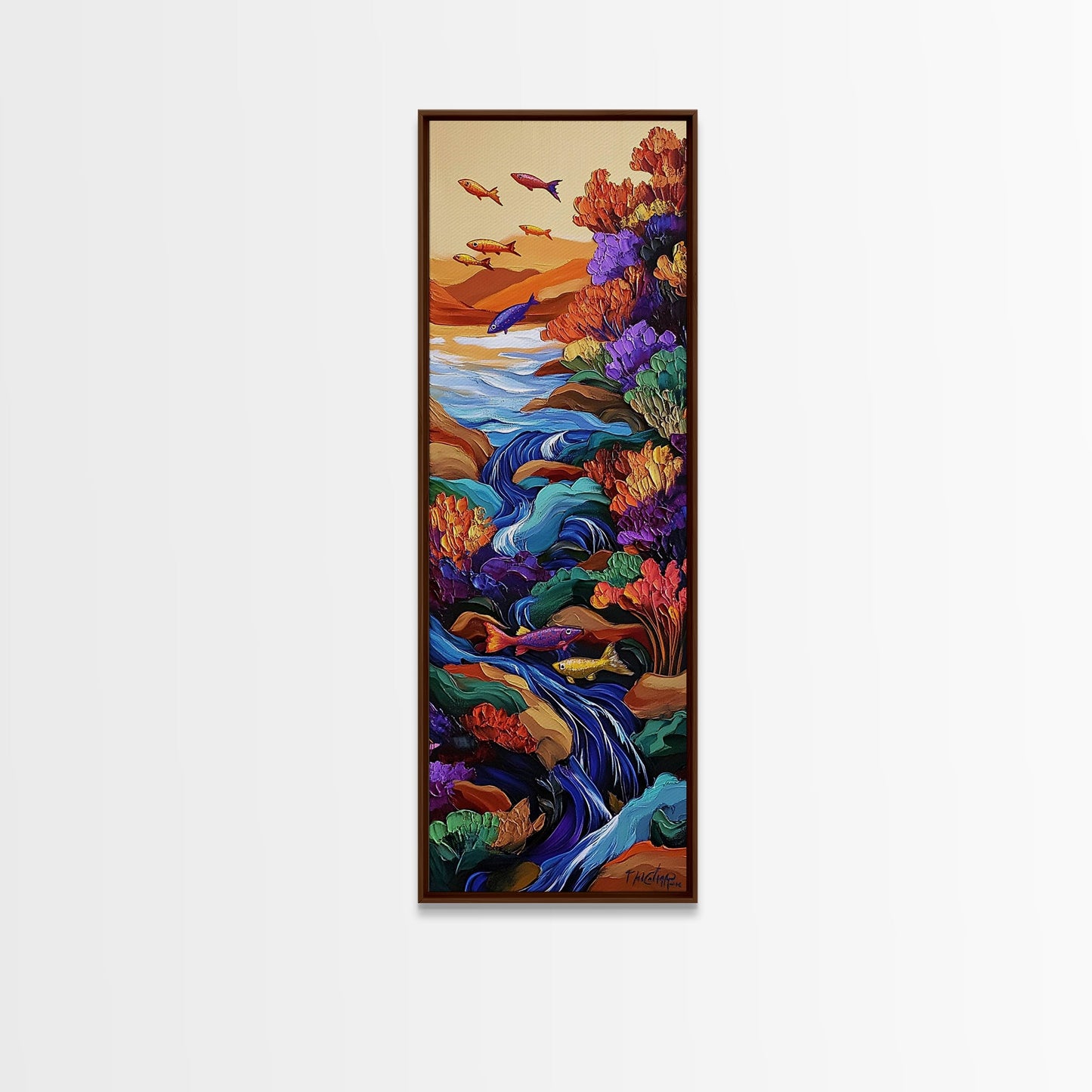 Fish Stream, Fantasy Whimsical — Framed Canvas Print, colorful river painting, kids room aquatic wall art, fantasy nature scene, boho decor