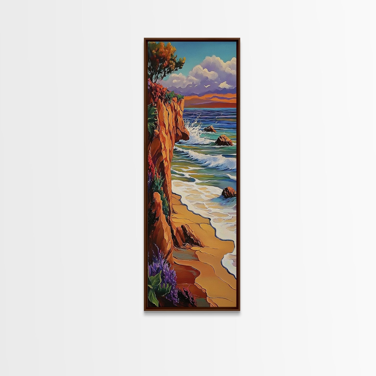 Ocean Cliff, Waves, Bold - Framed Canvas Print, coastal wall décor, colorful beach house art, fall inspired seascape, bedroom wall piece
