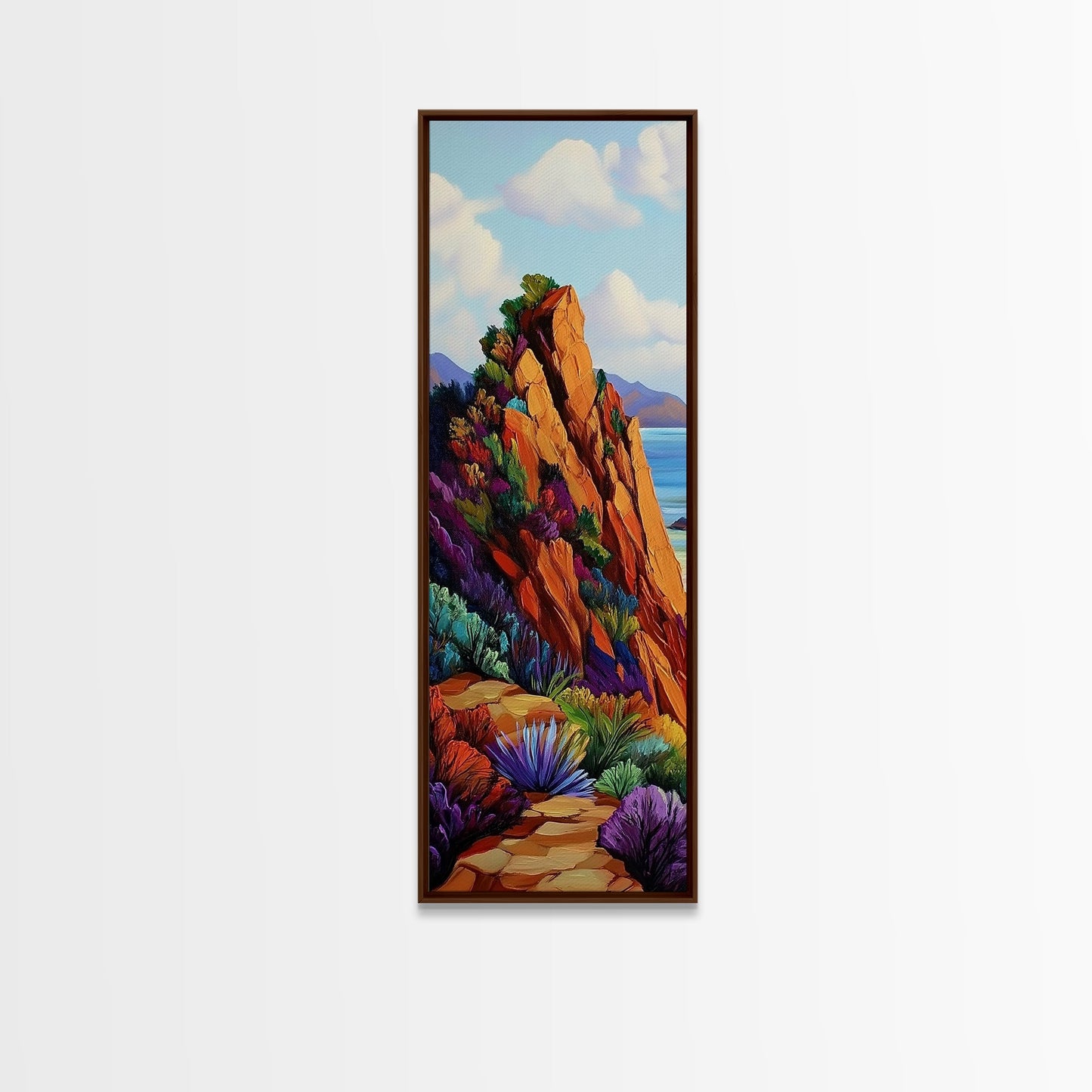Cliff Trail, Seaside, Vista, Framed Canvas Print, nature hiking trail painting, boho wall decor, mountain sea view artwork, living room print