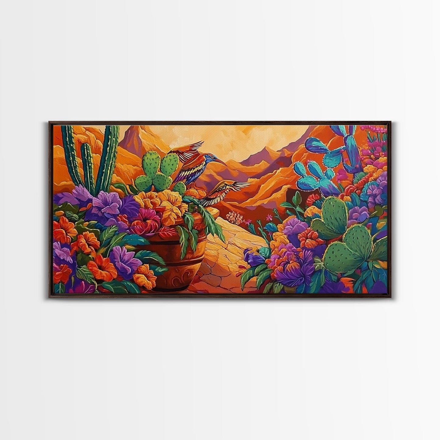 Birds Cactus, Blossoms, Bright Nature Framed Canvas Print, Desert Floral Wall Decor, Southwest Living Room Boho Wall Art