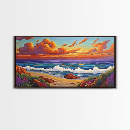 Beach Sunset, Waves, Pastel, Canvas Print, Seaside Landscape Art, Coastal Home Wall Decor, Serene Living Room Accent