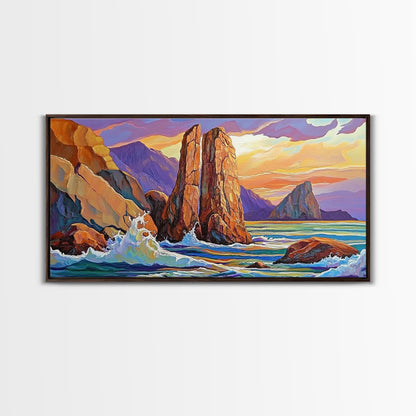 Ocean Rocks, Waves, Sunrise, Framed Canvas Print, Coastal Landscape Art, Nautical Beach Wall Decor, Ocean Sunset Art, Bedroom Accent