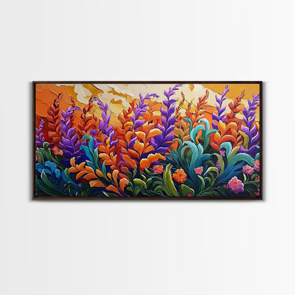 Flowers Sunset, Vibrant, Nature, Framed Canvas Print, Fall Wildflower Art, Boho Floral Wall Decor, Kitchen or Entryway Accent