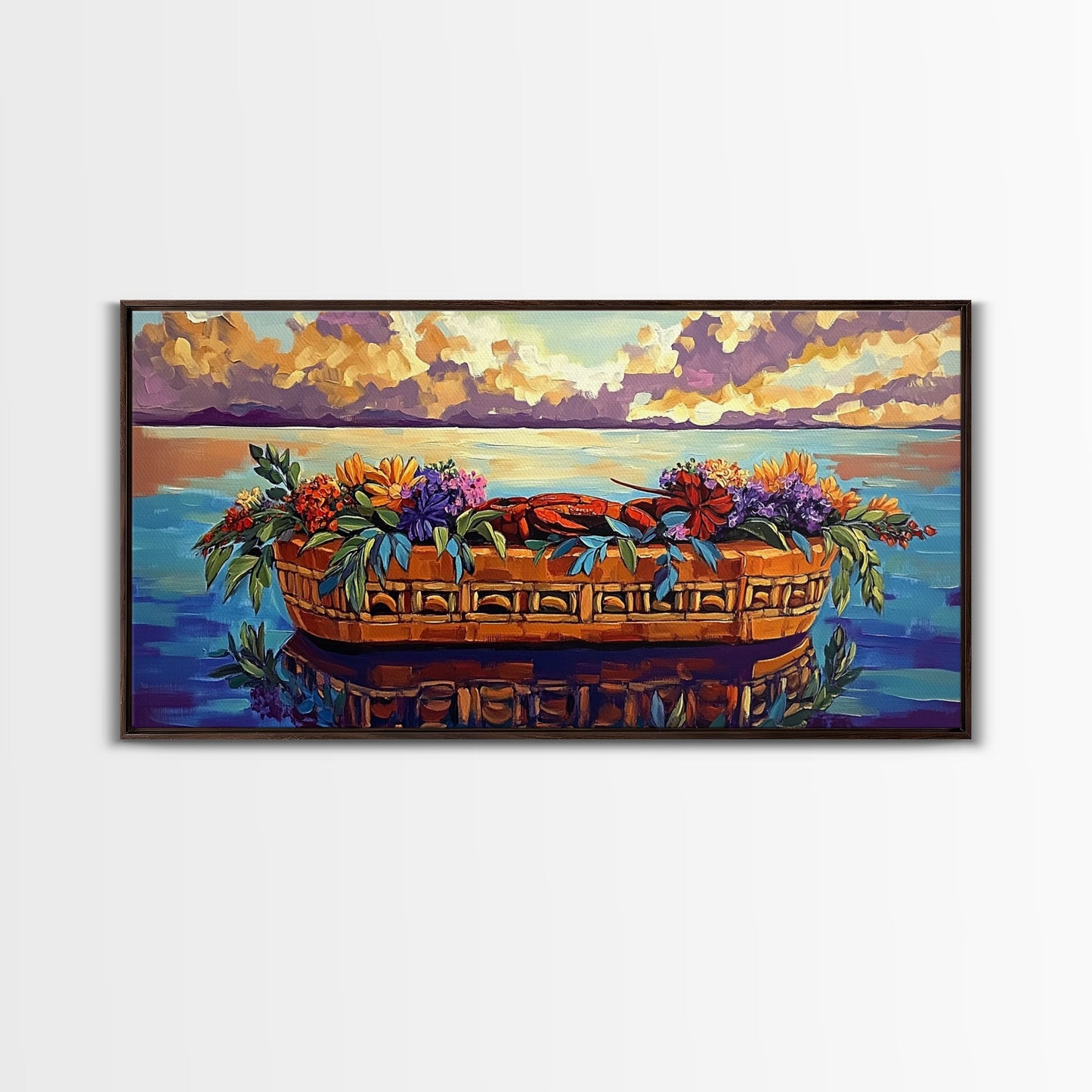 Lobster Basket, Florals, Coastal, Canvas Print, Nautical seafood kitchen wall art, whimsical ocean dining decor, coastal flower boho art