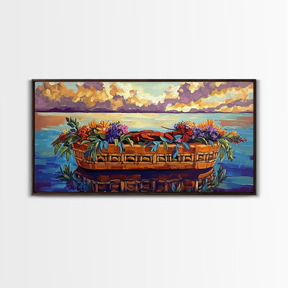 Lobster Basket, Florals, Coastal, Canvas Print, Nautical seafood kitchen wall art, whimsical ocean dining decor, coastal flower boho art