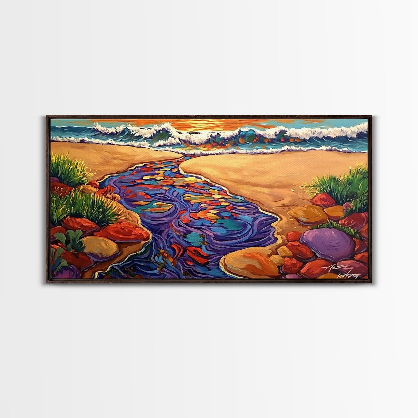 Ocean Stream, Sunset, Framed Canvas Print, Vibrant Beach Painting, Surf Wall Art, Coastal Decor, Sunset Seascape, Colorful Nature Art