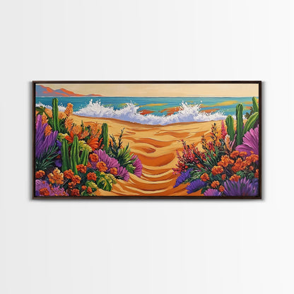 Beach Floral, Sunset, Cactus, Vibrant Desert Coastal Pathway Canvas Print, Entryway Wall Art, Boho Style Art, Tropical Beach Wall Decor
