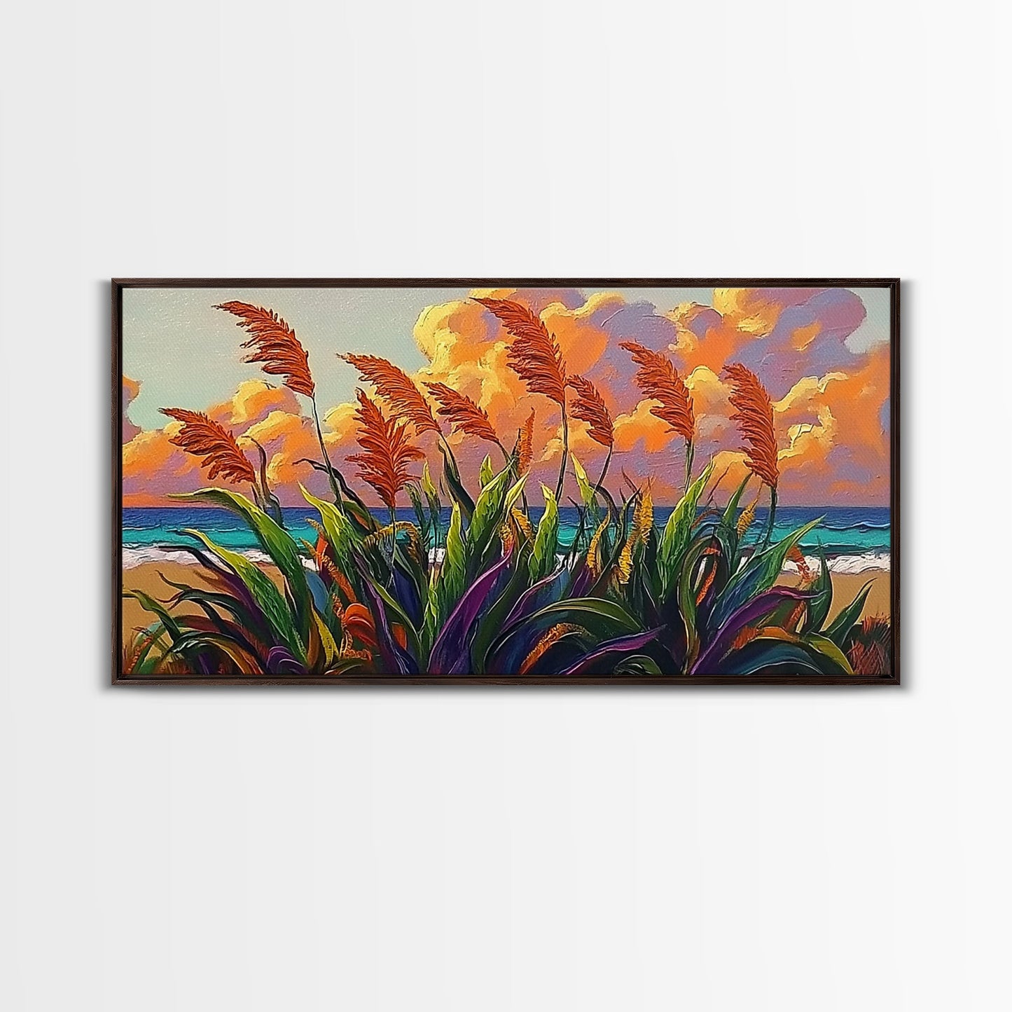 Coastal Sunset, Grasses, Canvas Print, Autumn Beach Landscape Art, Boho Living Room Wall Decor, Colorful Nature Painting