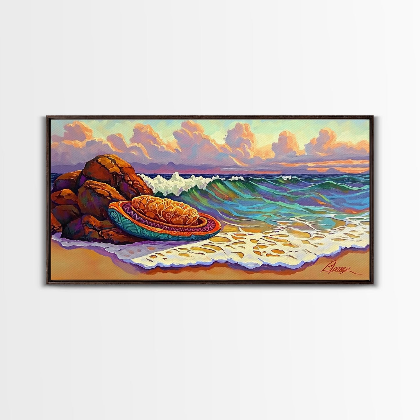 Conchas Beach, Sunset, Waves, Canvas Print, Mexican sweet bread art, kitchen wall decor, colorful bakery art, beach wall painting