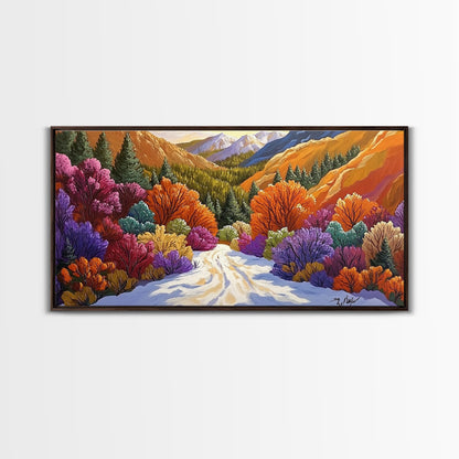 Autumn Forest, Snow, Trail, Canvas Print, Fall landscape painting, cabin wall decor, cozy mountain art, vibrant rustic hallway print