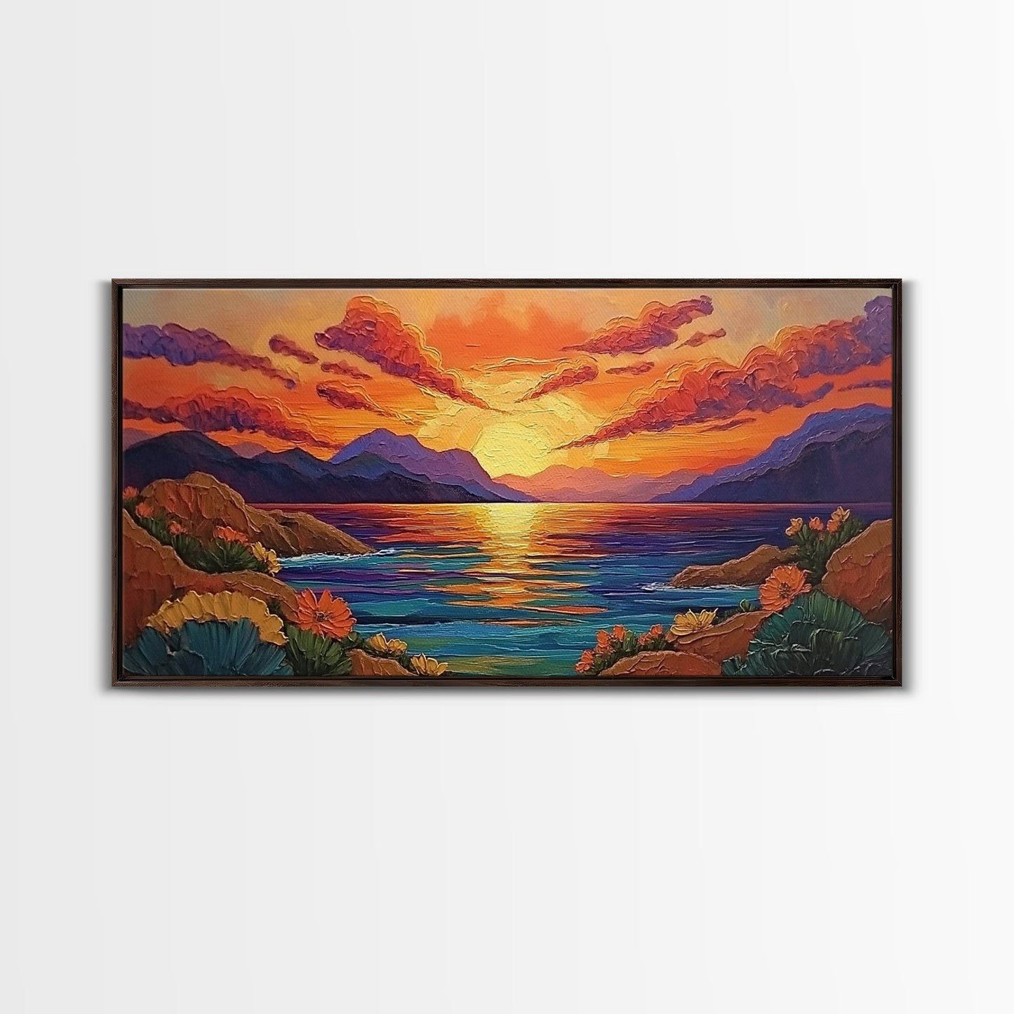 Sunset Coastal, Landscape, Vibrant Colors, Framed Canvas Print, Boho Beach Art, Living Room Wall Decor, Nature Painting, Summer Vibes