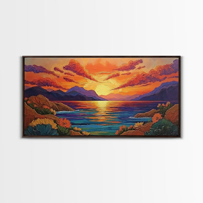 Sunset Coastal, Landscape, Vibrant Colors, Framed Canvas Print, Boho Beach Art, Living Room Wall Decor, Nature Painting, Summer Vibes