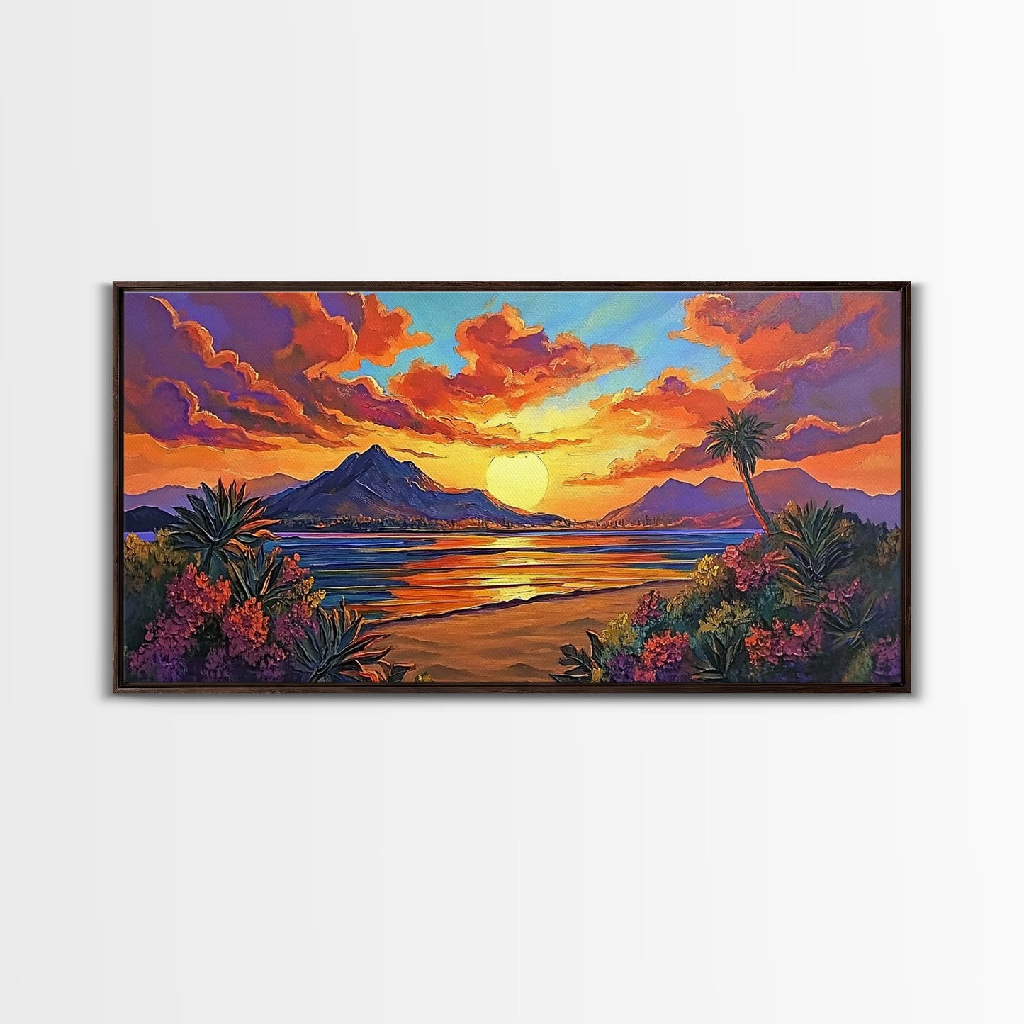 Mountains Tropical, Sunset, Palm Trees, Framed Canvas Print, Bold Landscape Art, Living Room Wall Decor, Sunset View, Boho Decor