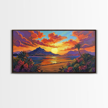 Mountains Tropical, Sunset, Palm Trees, Framed Canvas Print, Bold Landscape Art, Living Room Wall Decor, Sunset View, Boho Decor