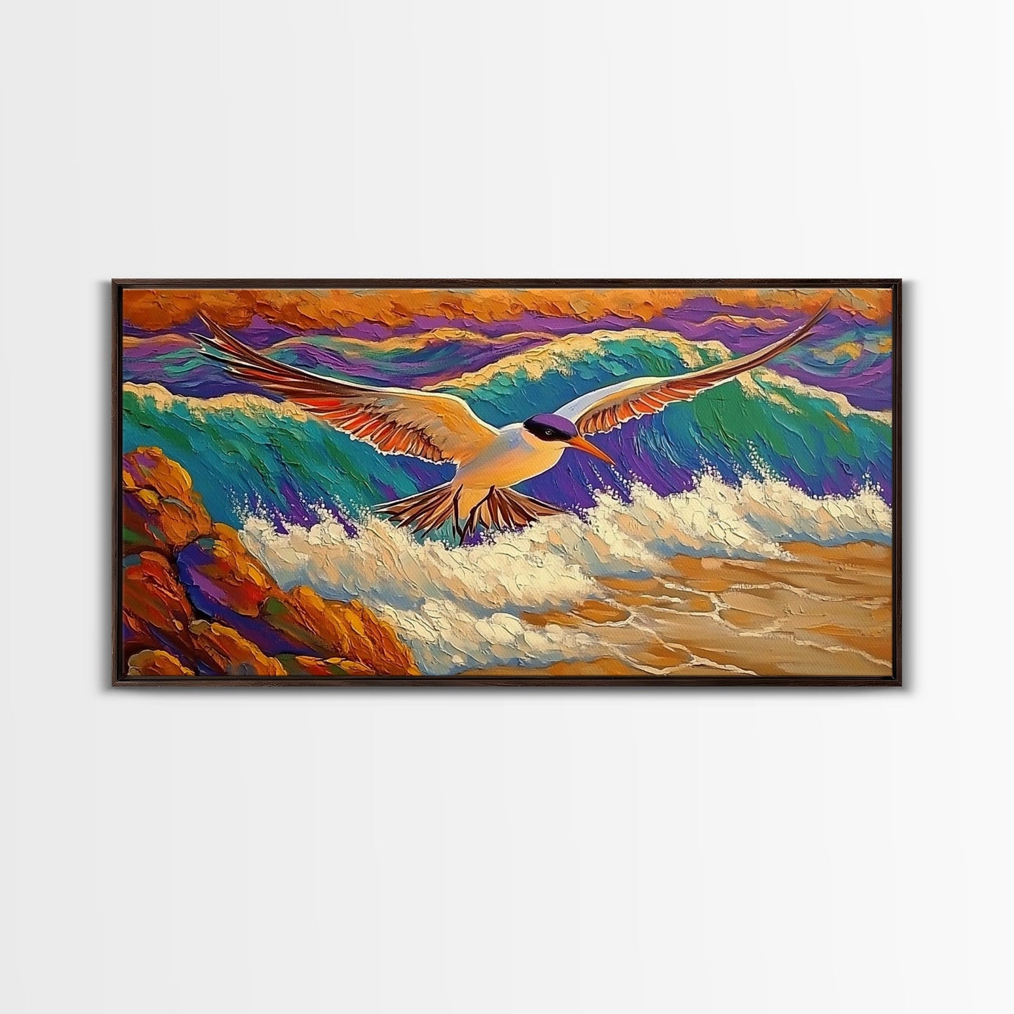 Seagull, Beach, Ocean Waves, Vibrant Sky, Framed Canvas Print, Coastal Wildlife Art, Living Room Wall Decor, Bird Painting, Boho Nature
