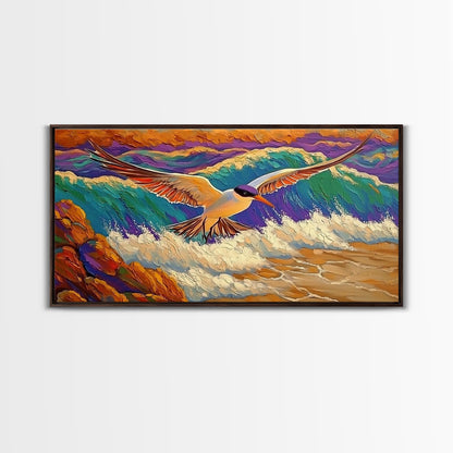 Seagull, Beach, Ocean Waves, Vibrant Sky, Framed Canvas Print, Coastal Wildlife Art, Living Room Wall Decor, Bird Painting, Boho Nature