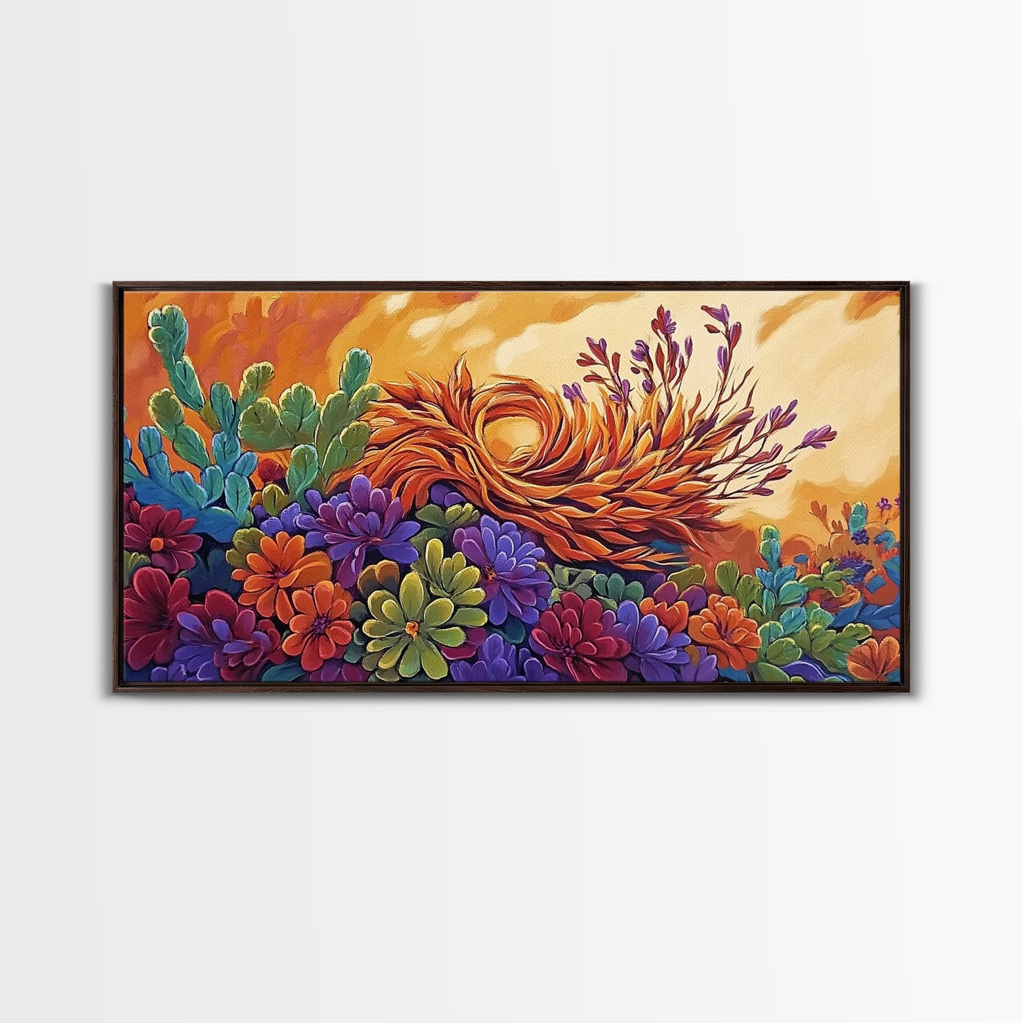 Succulent, Desert, Bloom, Sunset, Framed Canvas Print, Cactus boho art, colorful desert wall decor, Southwestern kitchen wall art