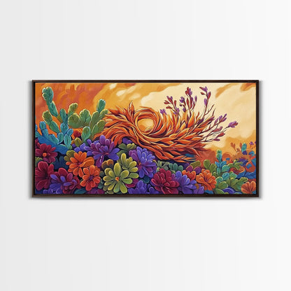 Succulent, Desert, Bloom, Sunset, Framed Canvas Print, Cactus boho art, colorful desert wall decor, Southwestern kitchen wall art