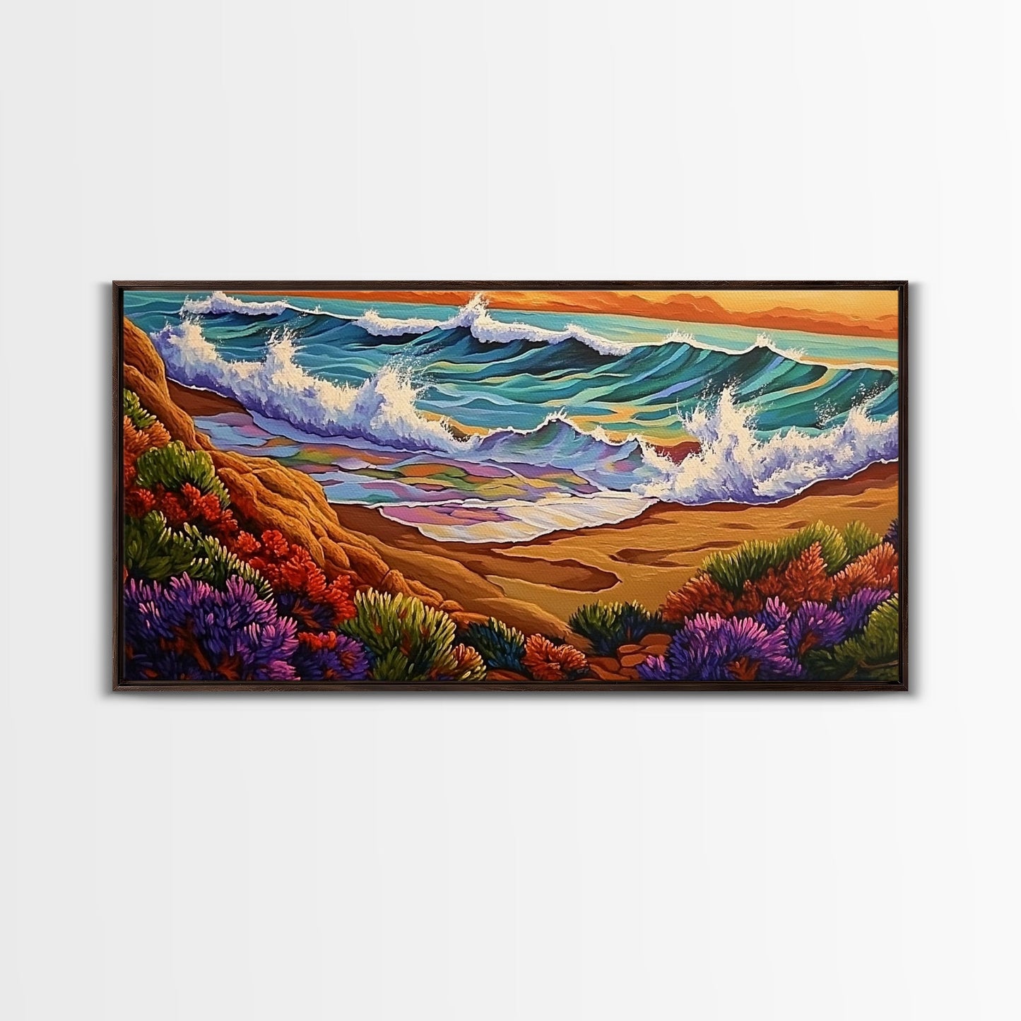 Wave Shoreline, Sunset Painting, Framed Canvas Print, vibrant crashing ocean waves, colorful rocks, Coastal Wall Art, tropical art