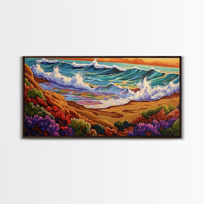 Wave Shoreline, Sunset Painting, Framed Canvas Print, vibrant crashing ocean waves, colorful rocks, Coastal Wall Art, tropical art