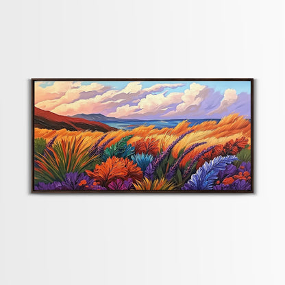 Golden Field, Coastal Landscape, Sunset, Colorful Grass, Ocean View, Large Wall Art, Living Room Wall Art, Canvas Print, Nature Decor