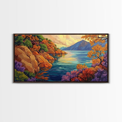 Mountain Lake, Trees, Reflection, Canvas Print with vivid autumn landscape painting, living room wall art, boho nature decor