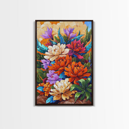 Floral Boho, Bright, Fall, Canvas Print vibrant flower bouquet wall art, fall floral wall decor, dining room print, bohemian art gift