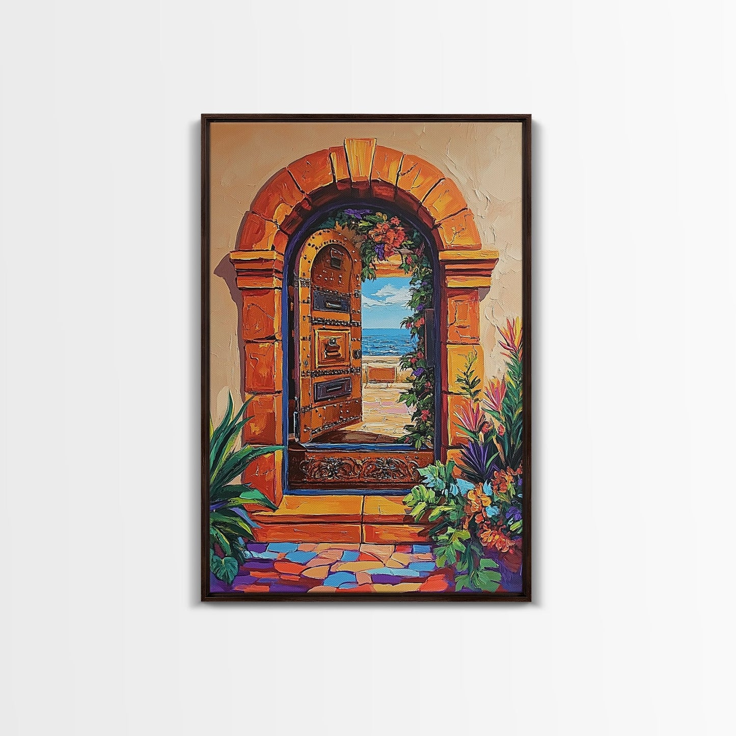 Doorway Ocean, View, Escape, Framed Canvas Print, Mediterranean coastal decor, boho travel wall art, vibrant entryway art, hallway decor