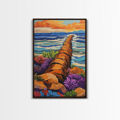 Ocean Path, Wildflowers, Shoreline, Framed Canvas Print coastal path wall art, ocean wildflower painting, beach garden style, hallway decor