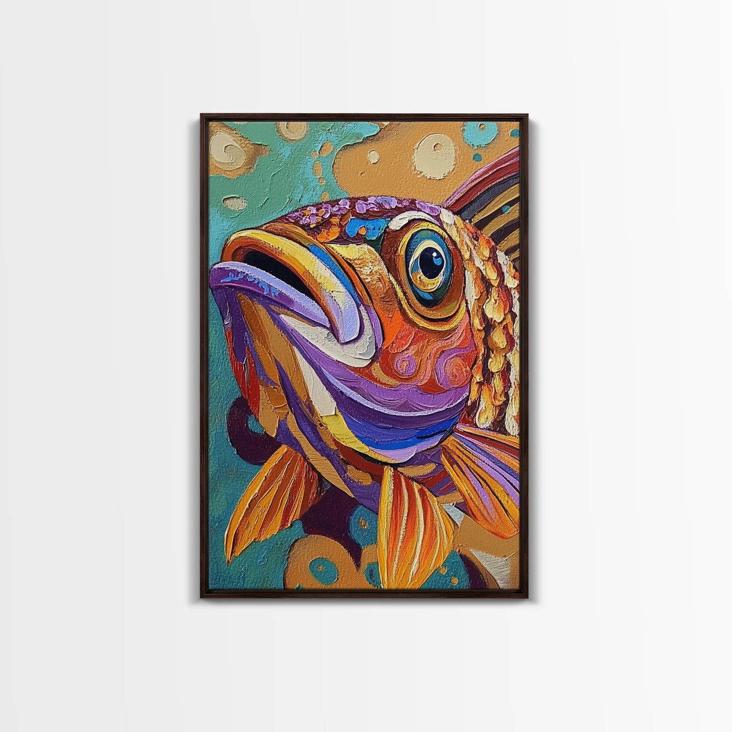Fish Colorful, Tropical, Bold, Framed Canvas Print, vibrant ocean art, coastal bathroom decor, abstract tropical fish painting, boho beach