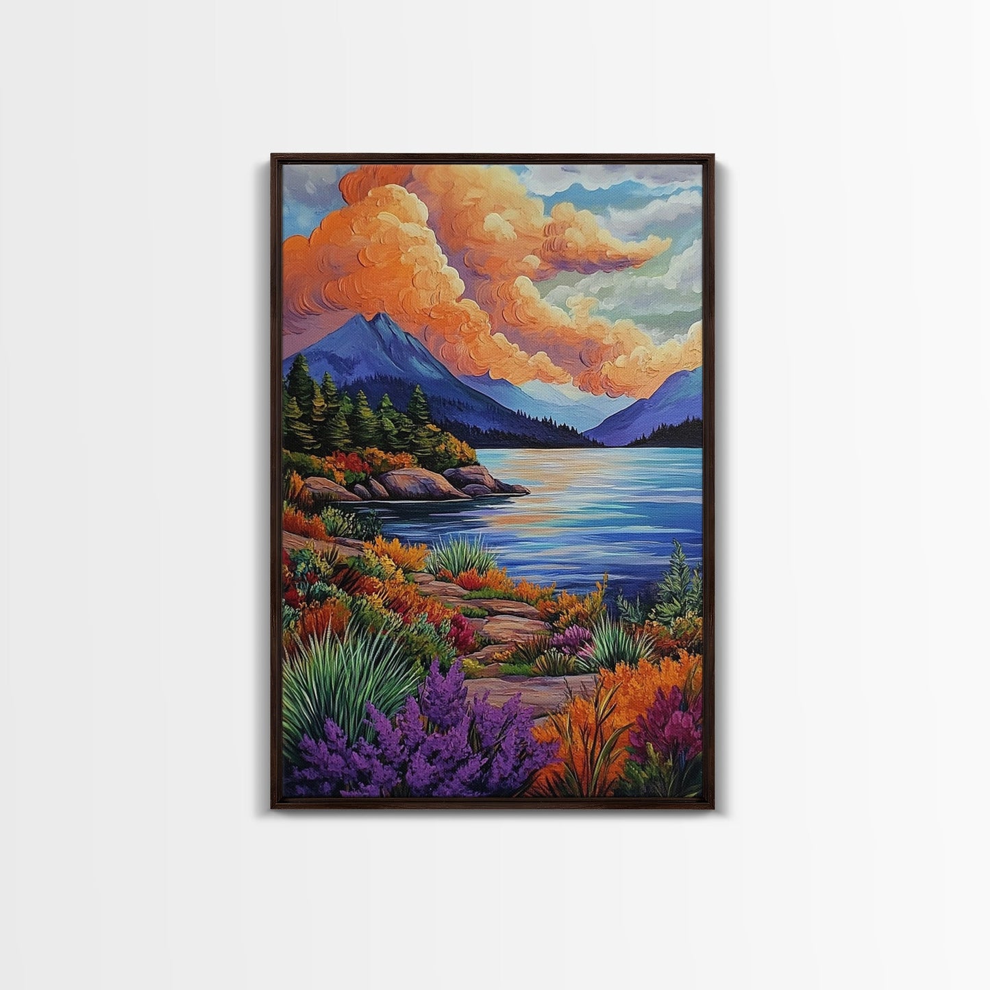 Lake Mountains, Sunset, Autumn, Framed Canvas Print serene mountain lake sunset wall art, vibrant Autumn landscape canvas, cozy cabin decor