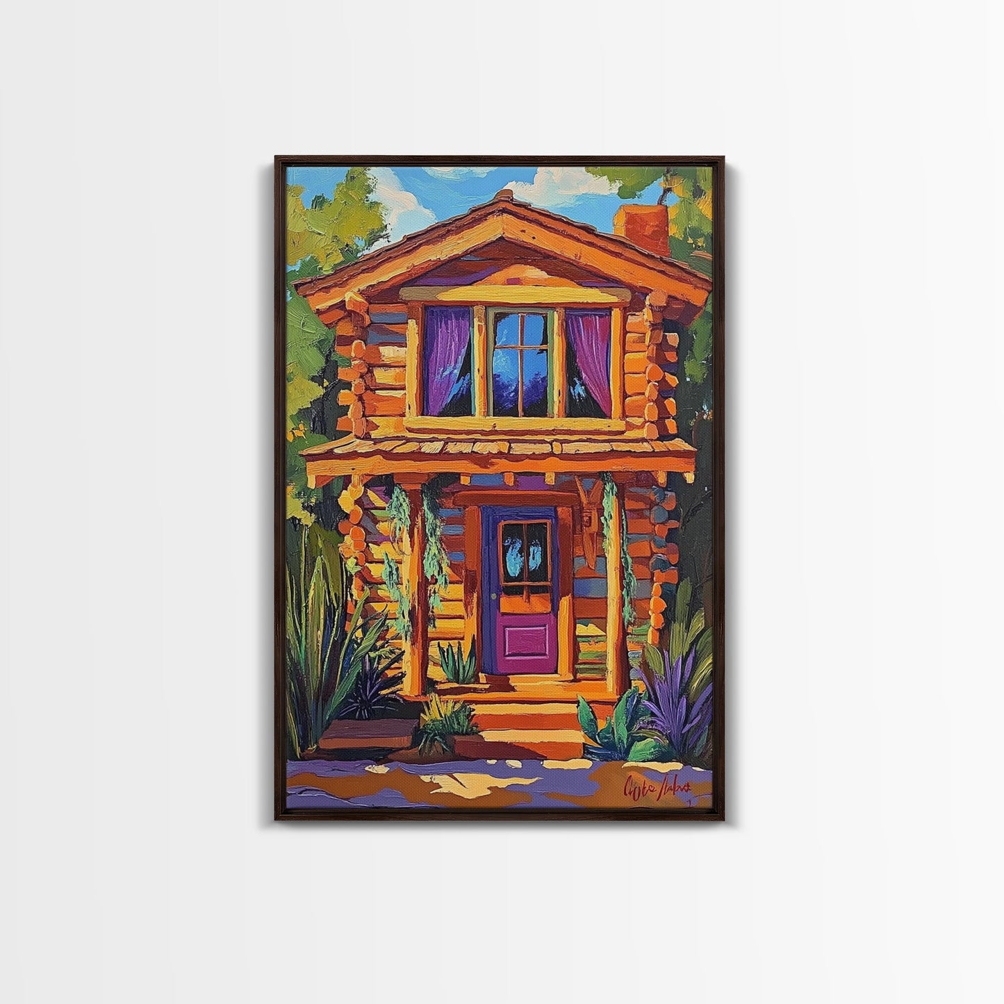 Cabin Cozy, Rustic, Nature, Framed Canvas Print log cabin wall art, autumn home decor, rustic living room print, woodland boho wall decor