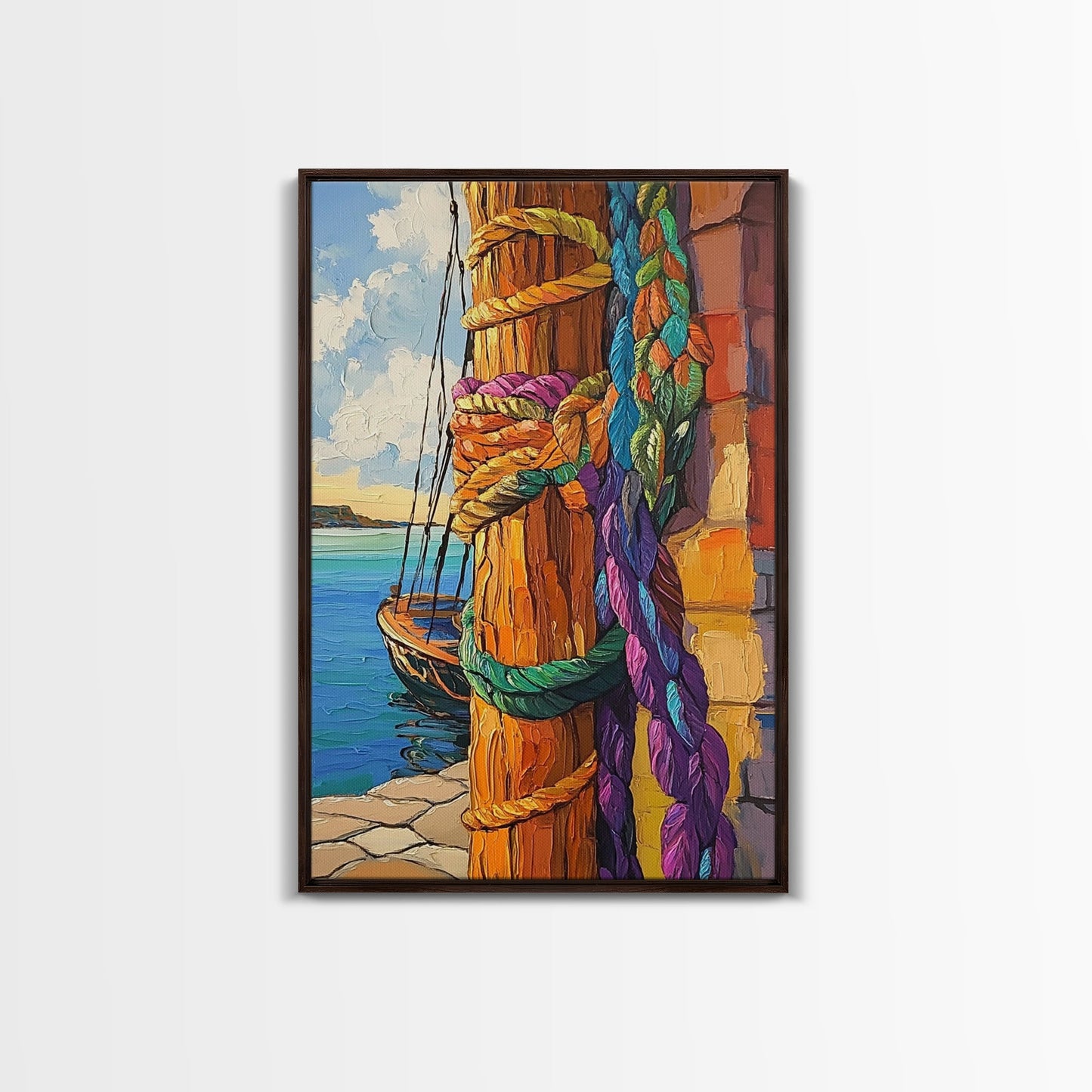 Boat Dock, Ropes, Framed Canvas Print, Nautical Coastal Wall Art, Vibrant Marina Scene, Boho Seaside Decor, Bathroom art, Office Wall Art