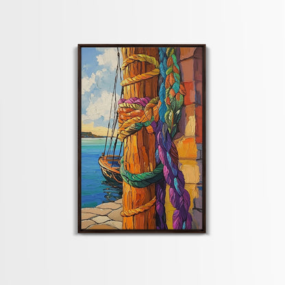 Boat Dock, Ropes, Framed Canvas Print, Nautical Coastal Wall Art, Vibrant Marina Scene, Boho Seaside Decor, Bathroom art, Office Wall Art