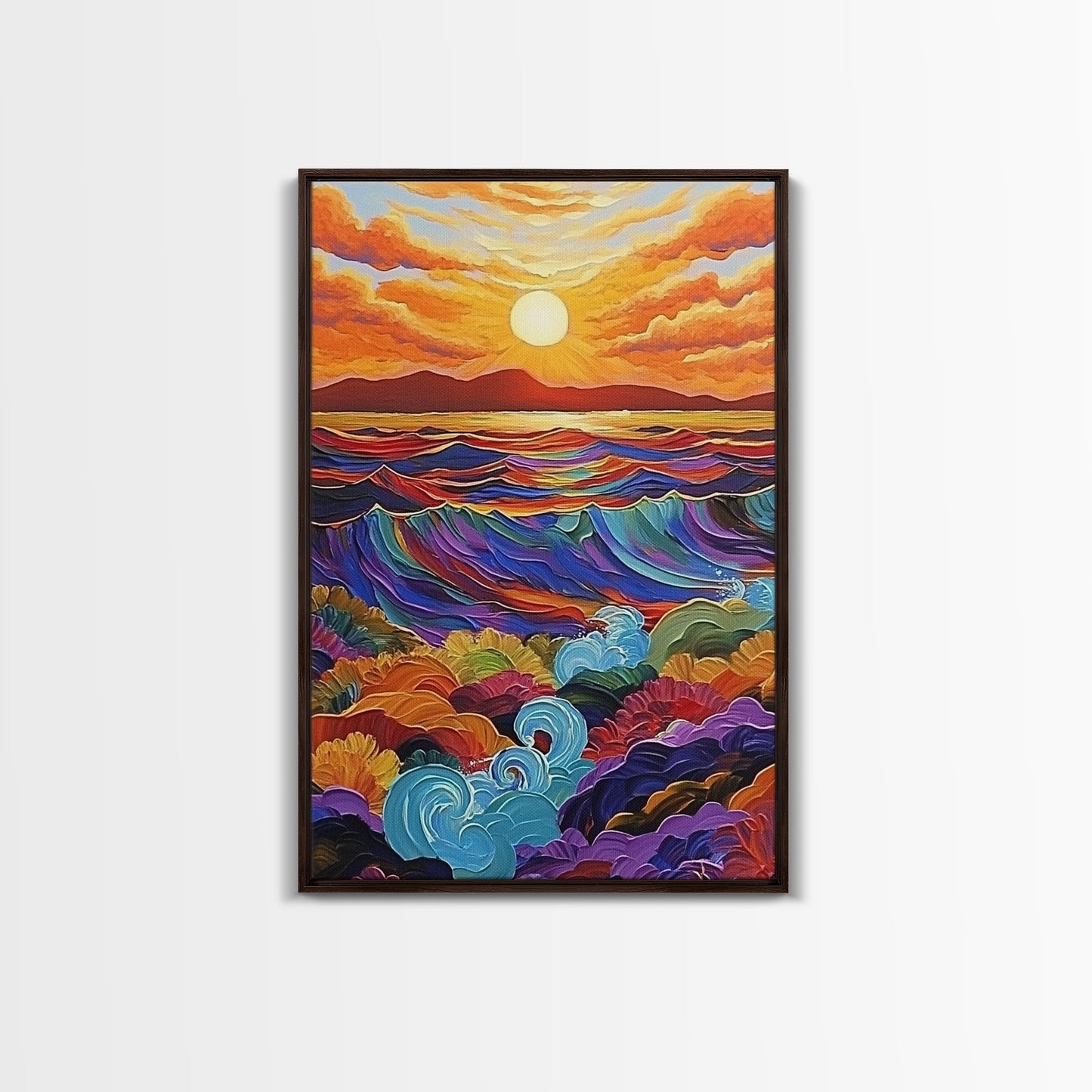 Sunset Ocean, Waves, Framed Canvas Print, Vibrant Abstract Seascape Wall Art, Colorful Ocean Decor, Living Room Statement Art