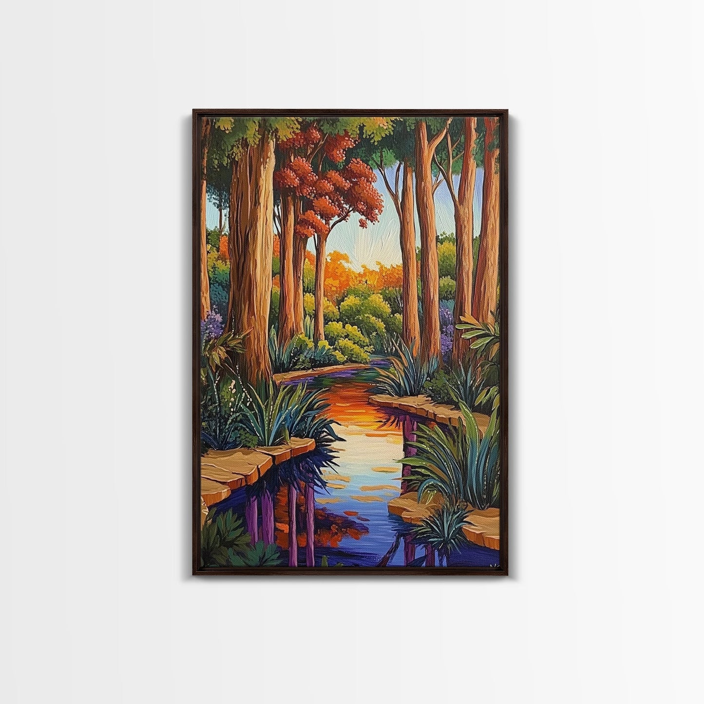 Forest Creek, Autumn, Framed Canvas Print, Tranquil Fall Landscape Wall Art, Vibrant Nature Decor, Woodland Boho Style, Bedroom Wall Art