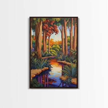 Forest Creek, Autumn, Framed Canvas Print, Tranquil Fall Landscape Wall Art, Vibrant Nature Decor, Woodland Boho Style, Bedroom Wall Art