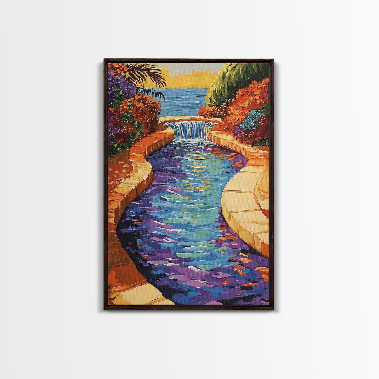 Pool Garden, Oasis, Sunset, Framed Canvas Print vibrant patio wall art, tropical courtyard landscape, kitchen art, sunroom boho decor