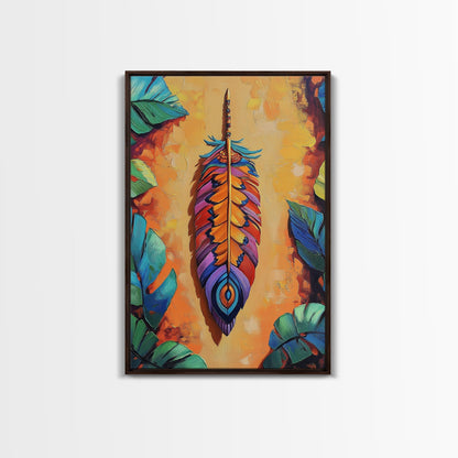 Bold Feather, Boho, Tropical, Colorful Framed Canvas Print, Eclectic Bedroom Wall Art, Boho Style Decor, Vibrant Southwest Wall Hanging