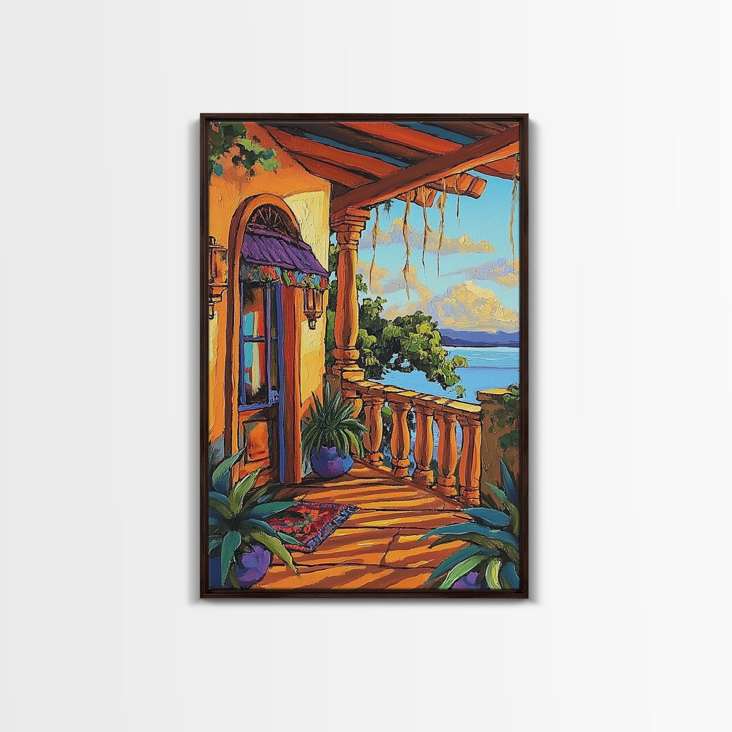 Porch Lake, Peaceful, View, Framed Canvas Print, relaxing patio art, summer lake view, rustic porch decor, Mediterranean vibes painting