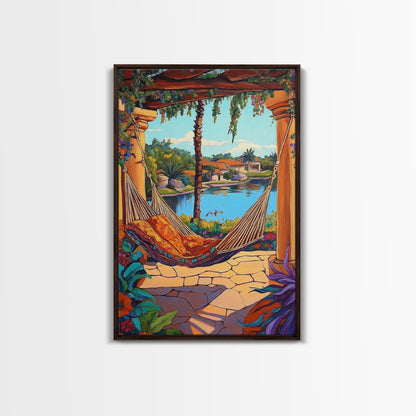 Hammock Patio, Relax, Lake, Framed Canvas Print, bohemian outdoor decor, tropical vacation art, summer patio vibe, living room wall art