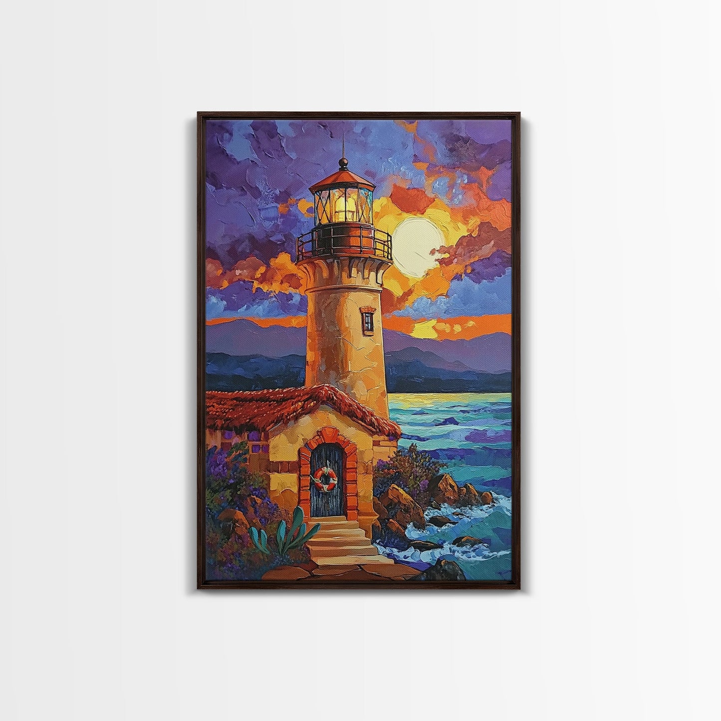 Moonlit Lighthouse, Rustic, Shore, Framed Canvas Print, Coastal Lighthouse Canvas, Dramatic Moon Ocean Scene, Rustic Nautical Wall Art