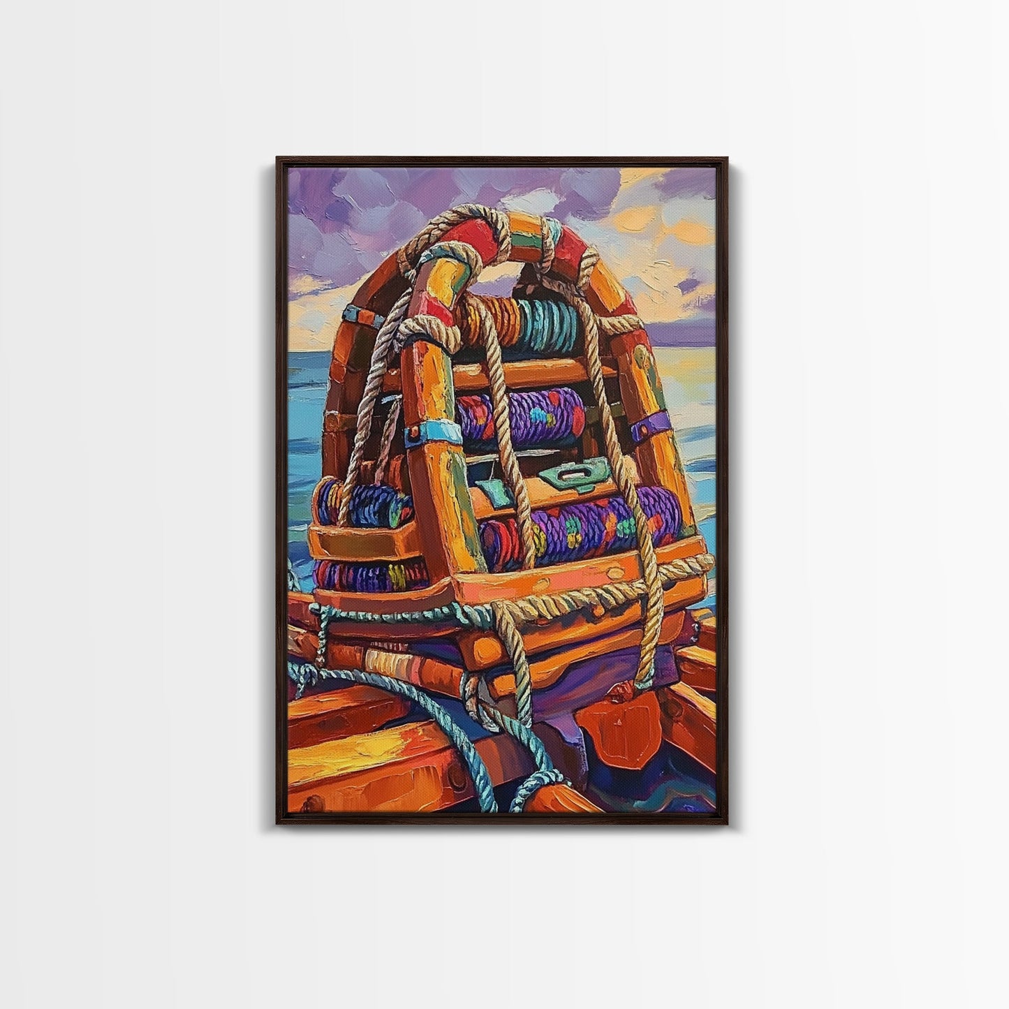 Rope Dock Sunset, Nautical, Framed Canvas Print, Nautical Rope Dockside Art, Sunset Painting, Coastal Seaside Wall Decor, Living Room Decor